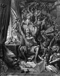Die Lesung von Don Quijote. Gravur von Gustave Doré zur Illustration der Hachette-Ausgabe von 1869 des Buches „Der sinnreiche Junker Don Quijote von der Mancha“ von Miguel de Cervantes Saavedra, Übersetzung von Louis Viardot
