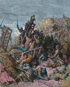 Die Belagerung von Ptolemais während des Dritten Kreuzzugs 1189 - Gravur von Gustave Doré aus „Geschichte der Kreuzzüge“ von Joseph-François Michaud