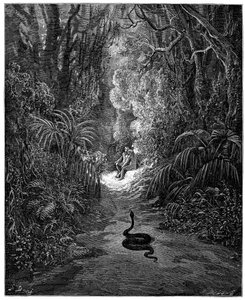Die Schlange nähert sich Adam und Eva. Illustration von Gustave Doré für „Das verlorene Paradies“ von John Milton (1608-1674). Stich von 1866. Private Sammlung von Gustave Dore