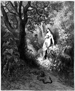 Die Schlange nähert sich Adam und Eva. Illustration von Gustave Doré für „Das verlorene Paradies“ von John Milton (1608-1674) - Versuchung - Sünde - Stich von 1866. Private Sammlung
