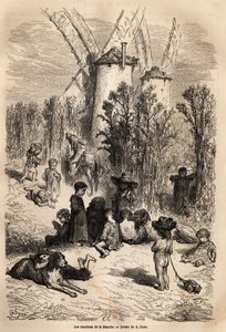 Die Disteln des Kanals, am Fuße der Mühlen, die Don Quijote lieb sind, mit der Darstellung eines Windhundes, einer in der Region sehr häufigen Hunderasse (die Figur des immer hungrigen Galgo corredor in Don Quijote) und einer Menge bettelnder Kinder, wahre