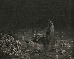 Dann packte ich seine hintere Kopfhaut und rief: Nenne dich, oder kein Haar bleibt hier, ca. 1890 von Gustave Dore