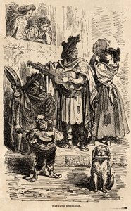 Reisende Musiker in Valencia. Zeichnung von Gustave Doré zur Illustration seiner Reise nach Spanien mit C. Davillier 1862. Gravur in „Le tour du monde“, herausgegeben von Edouard Charton