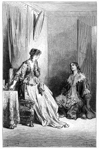 Vallombreuse kniet vor Isabelle, in die er verliebt ist. Stich von Gustave Doré zur Illustration von Théophile Gautiers Roman „Le capitaine Fracasse“, Charpentier-Ausgabe 1863.