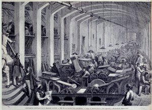 Ansicht der Druckmaschinengalerie von Charles Lahure. Gravur von Gustave Doré (1832-1883) aus „L