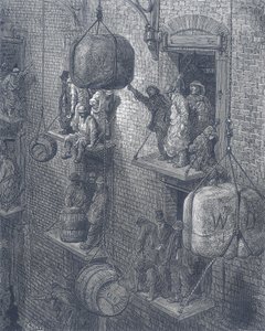 Lagerhäuser in der Stadt London. Aus Gustave Dore und Blanchard Jerrold London: A Pilgrimage London 1872. von Gustave Dore