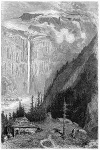 Wasserfall des Cirque de Gavarnie vom Gasthaus aus gesehen: Stich von Gustave Doré, der das Buch „Reise in die Pyrenäen“ von Hippolyte Taine, Hachette 1860, illustriert von Gustave Dore