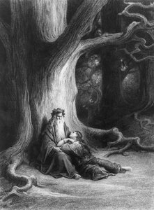 Zauberer Merlin und Fee Vivien im Wald von Brocéliande. Nach dem Gedicht 