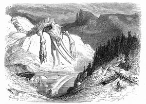 Stich von Gustave Doré um 1850: Evokation einer apokalyptischen Sintflut, nach der verschiedene monströse Tiere auf dem Berg gefallen sind. Illustration des Buches von Hippolyte Taine „Reise in die Pyrenäen“, in dem das Vorhandensein fossiler Knochen besch