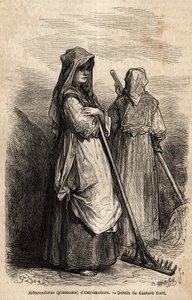 Die Nachleser von Estremadura, mit ihren großen Holzrechen, um den Teil der Ernte aufzusammeln, der nach der Ernte auf den Feldern vergessen wurde. Gravur zur Illustration der Reise nach Spanien von Gustave Dore und Baron Ch. Davillier von Gustave Dore