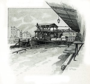 Docks des Hafens von La Villette, Paris. Zeichnung von Gustave Fraipont (1849-1923) aus „La Seine à travers Paris“ von Saint-Juirs