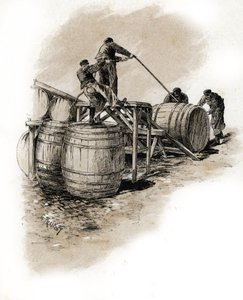 Dockarbeiter stapeln Weinfässer, Bercy, Paris