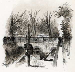 Ansicht der Bärenhöhle im Zoo du Jardin des Plantes, Paris Zeichnung von Gustave Fraipont (1849-1923) aus „La Seine à travers Paris“ von Saint-Juirs