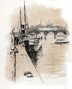 Ansicht der Gesellschaft Seine et Thames, deren Boote Paris und London verbinden Zeichnung von Gustave Fraipont (1849-1923) aus „La Seine à travers Paris“ von Saint-Juirs