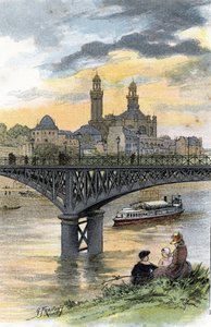 Ansicht der Fußgängerbrücke von Passy (heute Brücke von Bir-Hakeim) in Paris. Zeichnung von Gustave Fraipont (1849-1923) aus Saint-Juirs