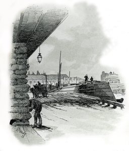 Ansicht der Lagerhäuser des Hafens von La Villette in Paris (Bootshäuser und Schuppen des Hafens von La Villette, Paris) Zeichnung von Gustave Fraipont (1849-1923) aus „La Seine à travers Paris“ von Saint-Juirs von Gustave Fraipont