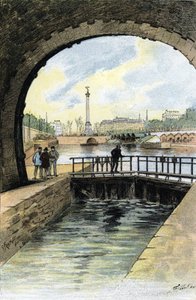 Ansicht der Schleuse des Canal Saint Martin in Paris. Zeichnung von Gustave Fraipont (1849-1923) aus „La Seine à travers Paris“ von Saint-Juirs von Gustave Fraipont