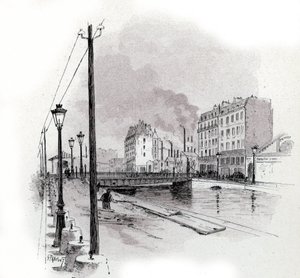 Ansicht der Schwenkbrücke des Quai de Valmy am Canal Saint Martin, Paris. Zeichnung von Gustave Fraipont (1849-1923) aus Saint-Juirs