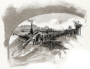 Entladung von Eisen am Quai Saint-Bernard in Paris (Eisenblöcke, die von den Dockarbeitern am Ufer der Seine am Quai Saint-Bernard in Paris entladen werden) Zeichnung von Gustave Fraipont (1849-1923) aus „La Seine à travers Paris“ von Saint-Juirs von Gustave Fraipont