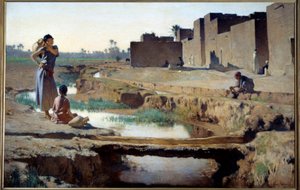 Orientalismus: Frau und Kind holen Wasser am Fluss in einer Oase in der algerischen Wüste von Gustave Guillaumet