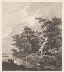 Flusslandschaft mit ruhendem Hirten bei einem Baumstumpf