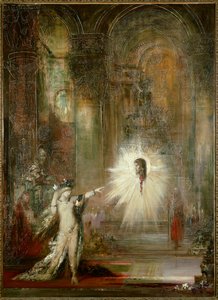 Die Erscheinung. Salome, nach dem Tanz im Festsaal des Herodes, fordert den Kopf von Johannes dem Täufer. Sie zeigt mit dem Finger auf den Kopf des Propheten, während Herodias hinter ihr steht. Gemälde von Gustave Moreau von Gustave Moreau
