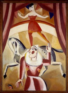 Zirkus III, eine Akrobatin auf einem Pferd und ein Clown auf einer Zirkusbahn, Gemälde von Gustave de Smet (1877-1943) 1926 von Gustave de Smet