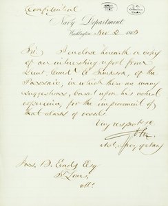Brief unterzeichnet von G.V. Fox, Marineministerium, Washington, an Jas. B. Eads [James B. Eads], St. Louis, Mo., 2. November 1863 von Gustavus Vasa Fox