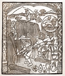 Hirtenkalender - Die Arbeiten der Monate - August - Holzschnitt aus dem Buch von 1496, gedruckt von Guy Marchant (Guido Mercator) in Troyes - Holzstich in „Le grand Calendrier et compost des bergers“