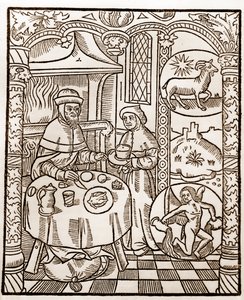 Schäferkalender - Die Arbeiten der Monate - Januar - Holzschnitt aus dem Buch von 1496, gedruckt von Guy Marchant (Guido Mercator) in Troyes - Holzgravur in „Le grand Calendrier et compost des shepherds“