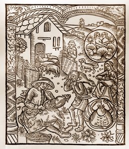Hirtenkalender - Die Arbeiten der Monate - Juni - Holzschnitt aus dem Buch von 1496, gedruckt von Guy Marchant (Guido Mercator) in Troyes - Holzgravur in „Le grand Calendrier et compost des shepherds“