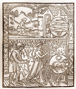 Hirtenkalender - Die Arbeiten der Monate - März - Holzschnitt aus dem Buch von 1496, gedruckt von Guy Marchant (Guido Mercator) in Troyes - Holzgravur in „Le grand Calendrier et compost des shepherds“