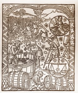 Hirtenkalender - Die Arbeiten der Monate - Oktober - Holzschnitt aus dem Buch von 1496, gedruckt von Guy Marchant (Guido Mercator) in Troyes - Holzgravur in „Le grand Calendrier et compost des shepherds“ - Die Ernte - und die Tierkreiszeichen