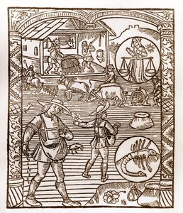 Hirtenkalender - Die Arbeiten der Monate - September - Holzschnitt aus dem Buch von 1496, gedruckt von Guy Marchant (Guido Mercator) in Troyes - Im Vordergrund säen Bauern im Flug - Holzschnitt in „Le grand Calendrier et compost des shepherds“ von Guy Marchant