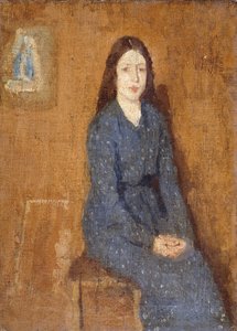 Sitzendes Mädchen im gepunkteten blauen Kleid von Gwen John