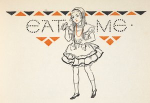 Illustration von Alice mit einem kleinen Kuchen mit der Aufschrift 