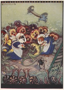 Illustration von zwei Meerschweinchen in Dienstmädchenkleidung, die sich um eine Eidechse kümmern, während zwei Igel im Hintergrund eine Trage tragen, um ihm zu helfen.