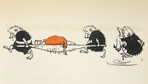 Illustration von zwei Igeln, die einen verletzten Krocketspieler tragen, gefolgt von einem weiteren weinenden Igel. von Gwynedd M. Hudson