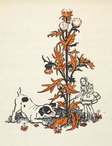 Geschrumpfte Alice und der Welpe bei einer riesigen Distel von Gwynedd M. Hudson