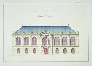 Hauptfassade einer Bibliothek, Tafel XII aus einem Folio von Entwürfen, ca. 1870