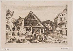 Stadtinterieur mit Scheune und Geburt Jesu von H. Rosenkilde