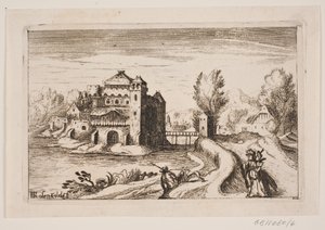 Flusslandschaft mit Schloss auf einem Hügel von H. Rosenkilde