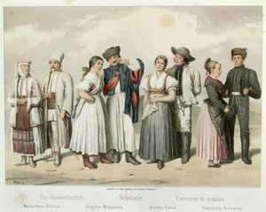 Kostüme von Bauern aus (L bis R) Rumänien, Ungarn, Slowakei und Deutschland, aus 