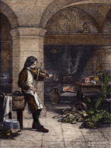 Jean Baptiste Lully, französischer Komponist, einst „Galopin“ oder Küchenjunge bei Mademoiselle de Montpensier. Gravur von T. Meyer-Heine nach einer Zeichnung von Hippolyte de La Charlerie.