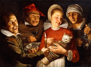 Ein niederländisches Sprichwort - Eine Frau füttert eine gefesselte Katze, umgeben von Männern von Haarlem School