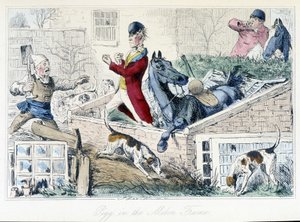 Kampf zwischen einem Bauern und einem Jäger. Englische Karikatur über die Fuchsjagd aus den „Abenteuern von Thomas Scott oder Hawbuck Grange“, Illustration von H.K. Browne und W.T. Maud. von Hablot Knight Browne