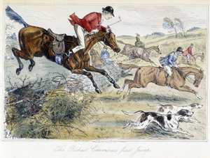 Jagdszene, englische Karikatur auf die Fuchsjagd, aus den „Abenteuern von Thomas Scott oder Hawbuck Grange“, Illustration von H.K. Browne und W.T. Maud. von Hablot Knight Browne