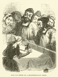 Gulliver stolziert auf einem Brobdingnagian-Tisch (Gravur) von after Hablot Knight Browne