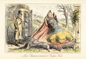 Damen in Krinolinen umarmen sich vor einem Tor von after Hablot Knight Browne