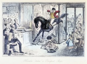 Pferdejäger, der versehentlich in ein Stoffgeschäft eindringt. Englische Karikatur über die Jagd aus „Abenteuer von Thomas Scott oder Hawbuck Grange“, Illustration von H.K. Browne und W.T. Maud von Hablot Knight Browne